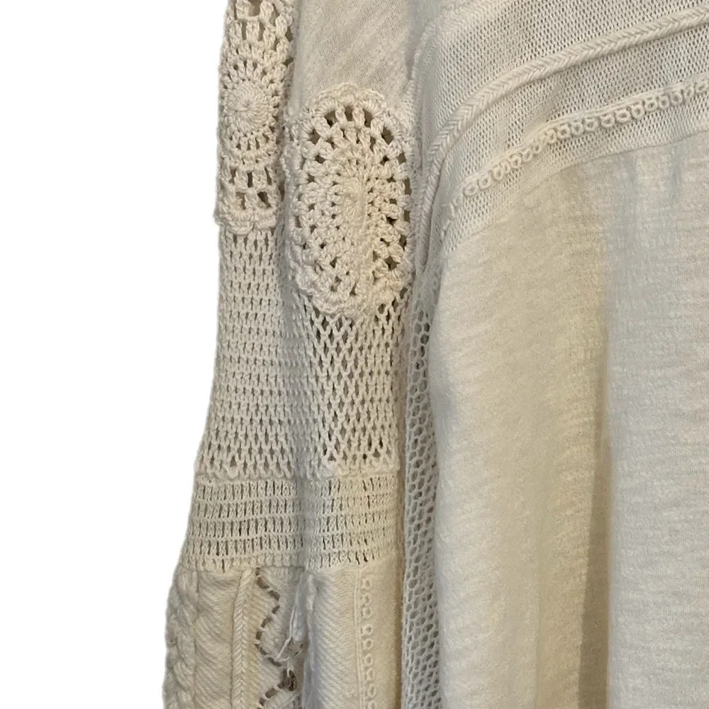 Free People Marrakech Long Sleeve Crochet Embellished Boho Ivory Top Size S